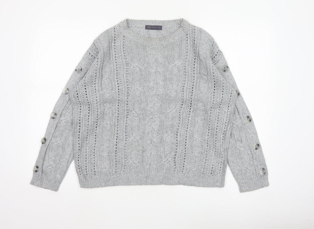 Marks & Spencer Women Grey UK 12 Cable Knit Button Sleeve Jumper