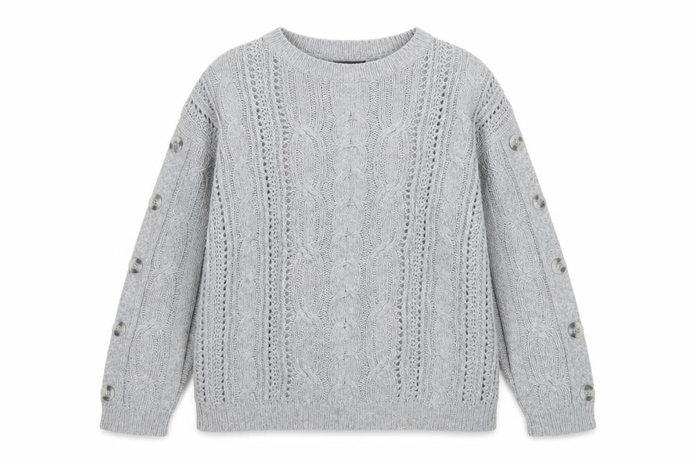 Marks & Spencer Women Grey UK 12 Cable Knit Button Sleeve Jumper