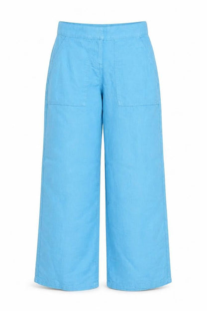 Topshop Women Blue Linen Wide-Leg Trousers Petite UK 4 High Rise
