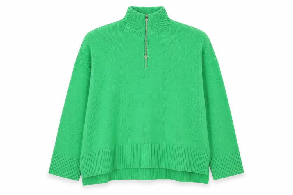 Zara Women Green L High Neck 1/2 Zip Knit Pullover Jumper