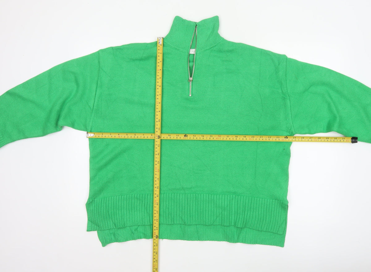 Zara Women Green L High Neck 1/2 Zip Knit Pullover Jumper