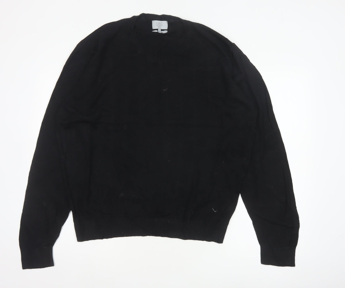 Marks & Spencer Men Black XL V-Neck Regular Fit Pullover Jumper