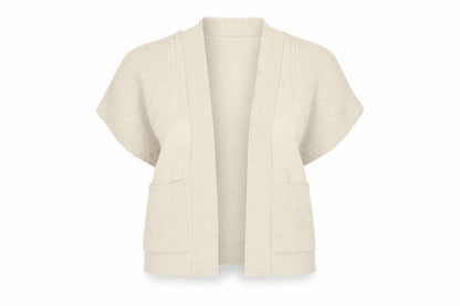 Front view of Betty Jackson Black Women Ivory, size 10, Open Knit Cardigan Pockets