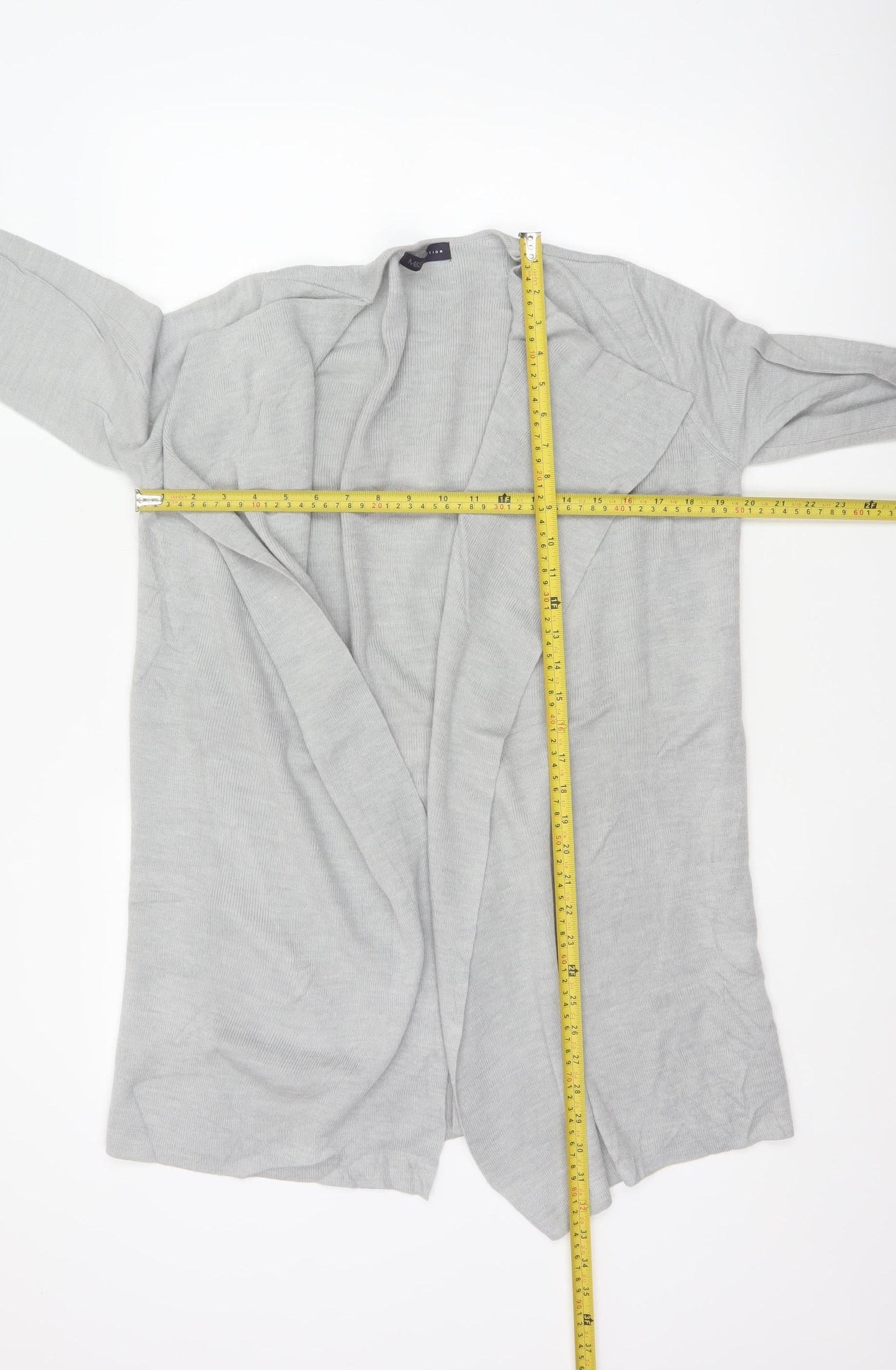 Marks & Spencer Women Grey Medium Open Front Waterfall Longline Knit Cardigan