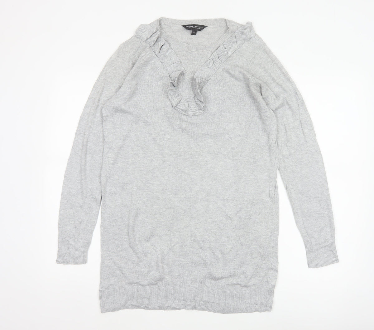 Dorothy Perkins Women Grey UK 10 Ruffle V-Neck Longline Knit Jumper