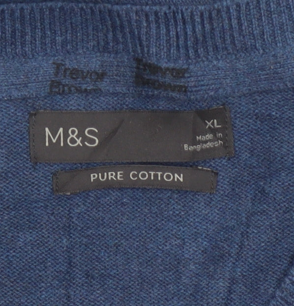 Marks & Spencer Men's Blue XL V-Neck Pure Cotton Knit Vest