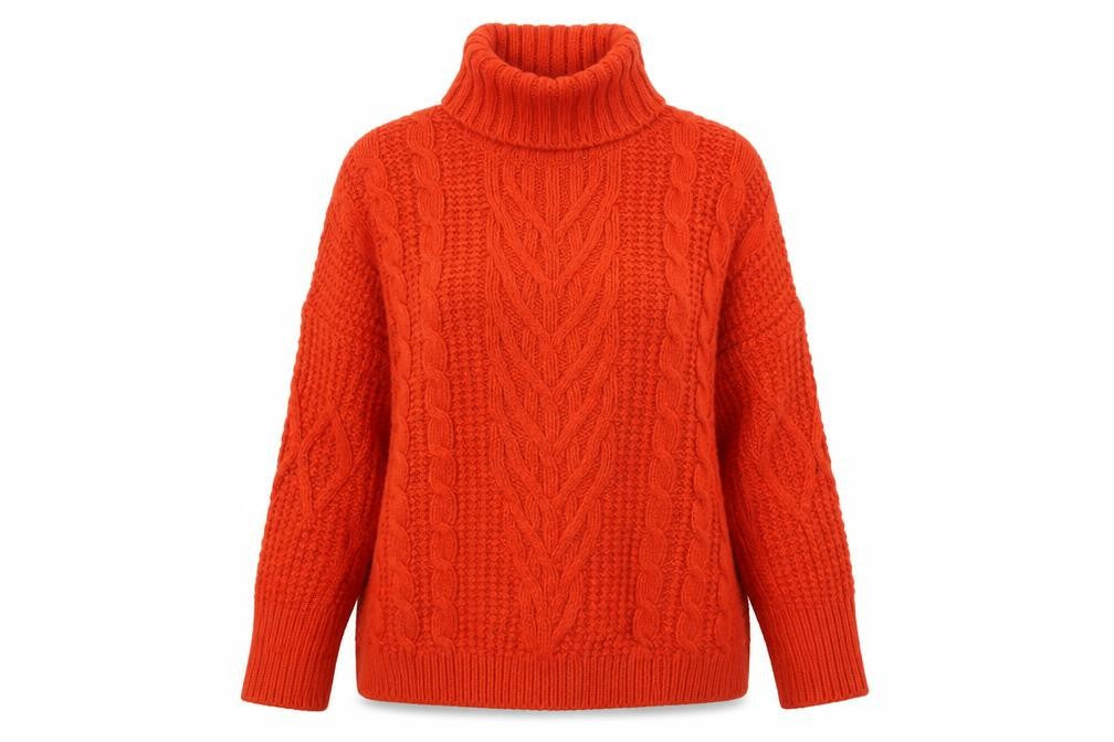 Marks & Spencer Women Orange L Cable Knit Roll Neck Pullover Jumper