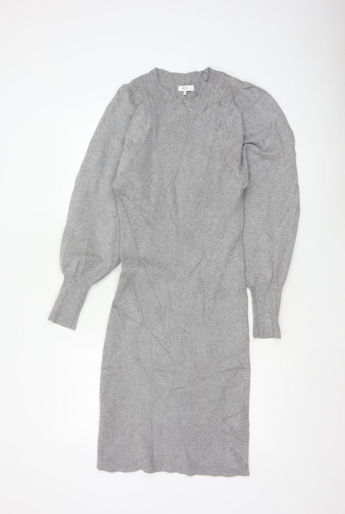 Reiss Women Grey S Long Ribbed Knit Jumper Dress Balloon Sleeves