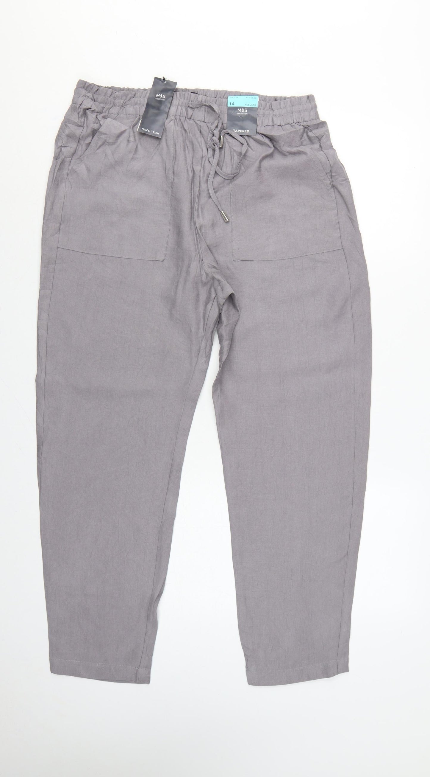 Marks & Spencer Women Grey Size 14 Tapered Tencel Rich Paperbag Trousers