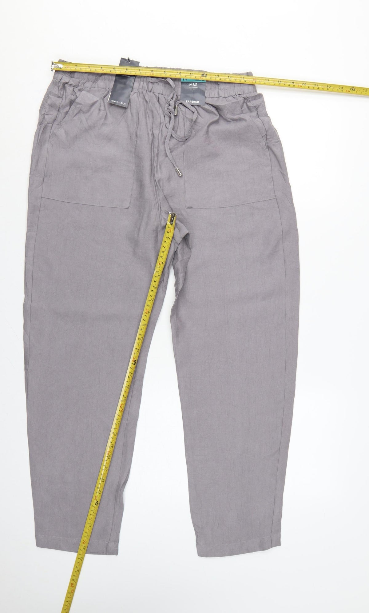 Marks & Spencer Women Grey Size 14 Tapered Tencel Rich Paperbag Trousers