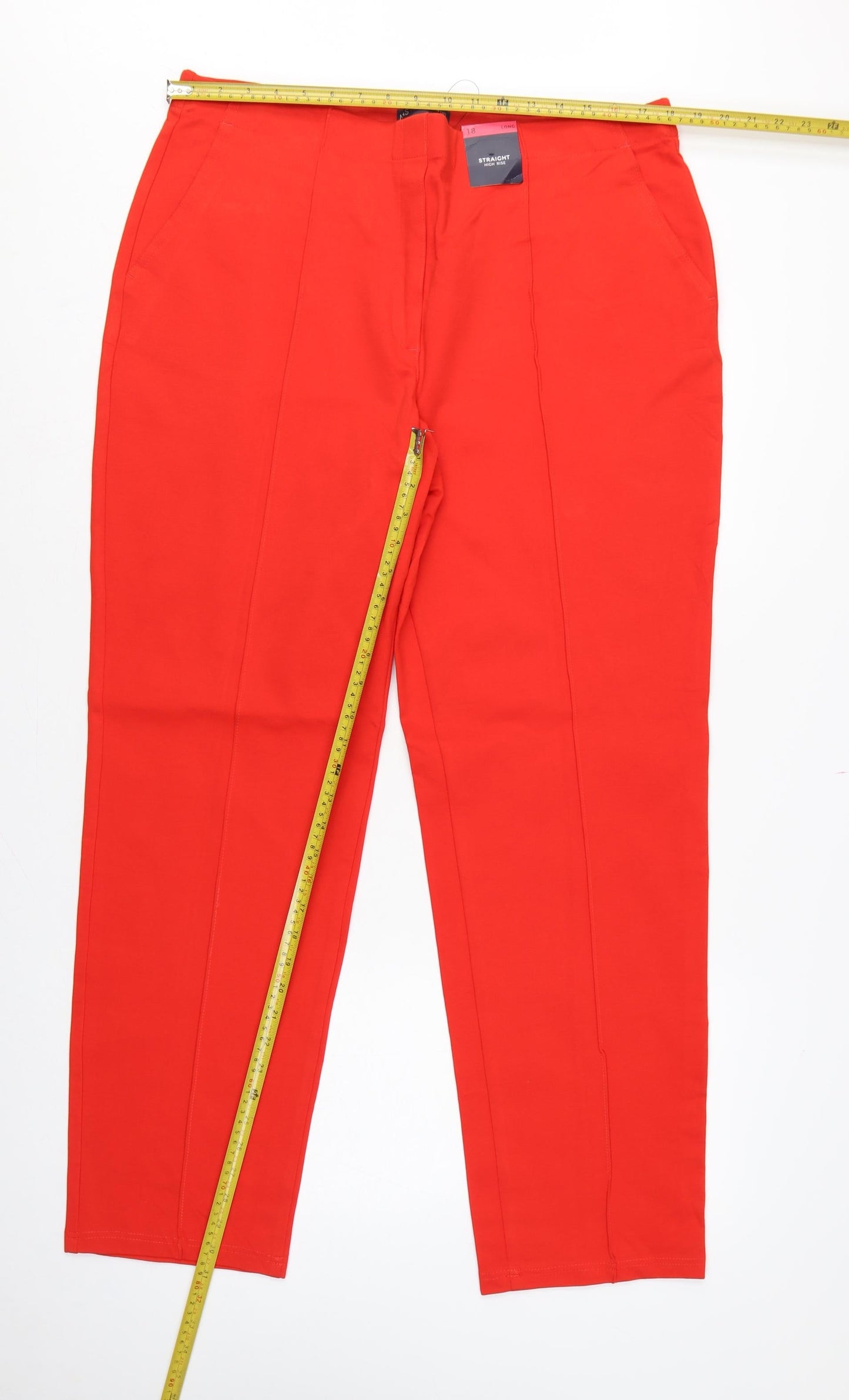 Marks & Spencer Women Red UK 18 Long High Rise Straight Trousers