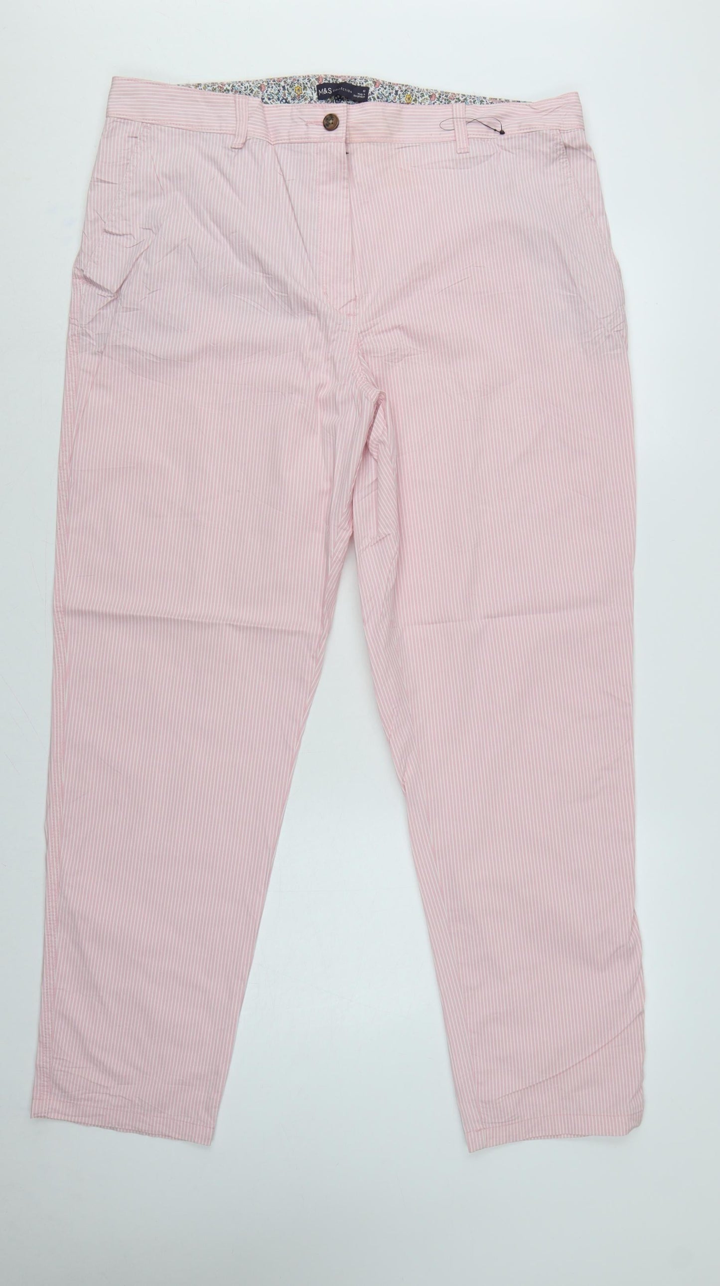 Marks & Spencer Women's Pink Stripe Chino Trousers UK 18 Long