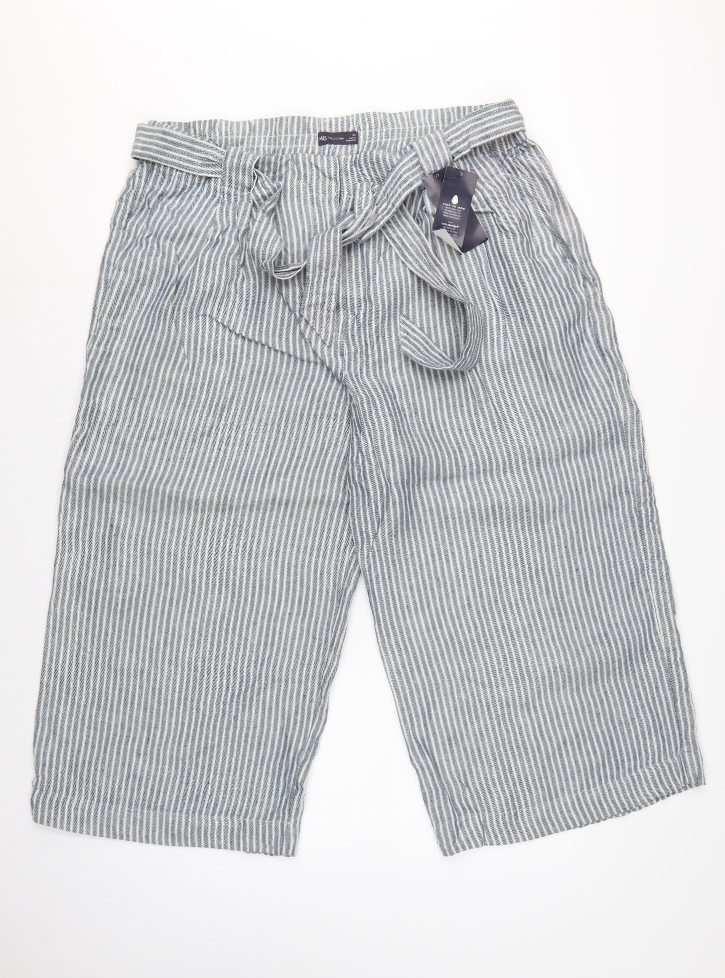 Marks & Spencer Women’s Blue Stripe Linen Blend Wide Leg Cropped Trousers UK 20