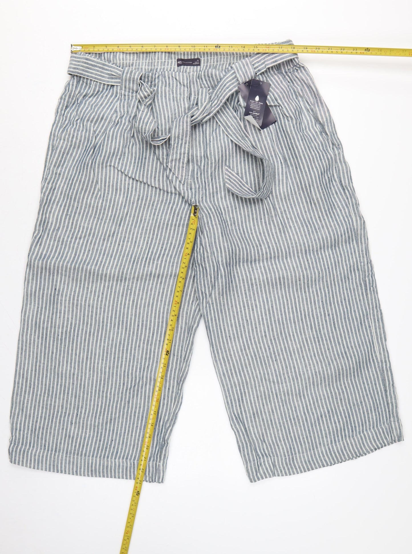 Marks & Spencer Women’s Blue Stripe Linen Blend Wide Leg Cropped Trousers UK 20