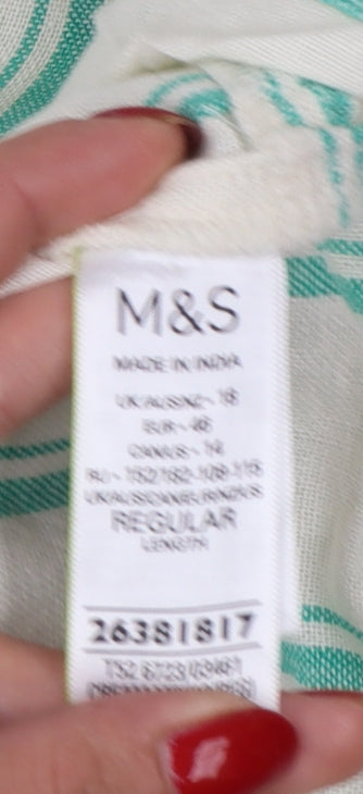 Marks & Spencer Women Beige Green Stripe Size 18 Shift Linen Dress