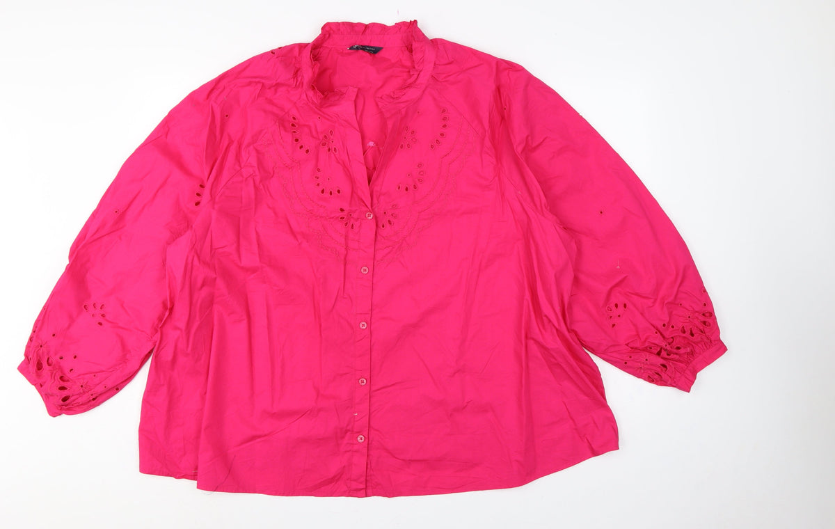 Marks & Spencer Women Pink UK 24 Embroidered Ruffle Button-Up Blouse