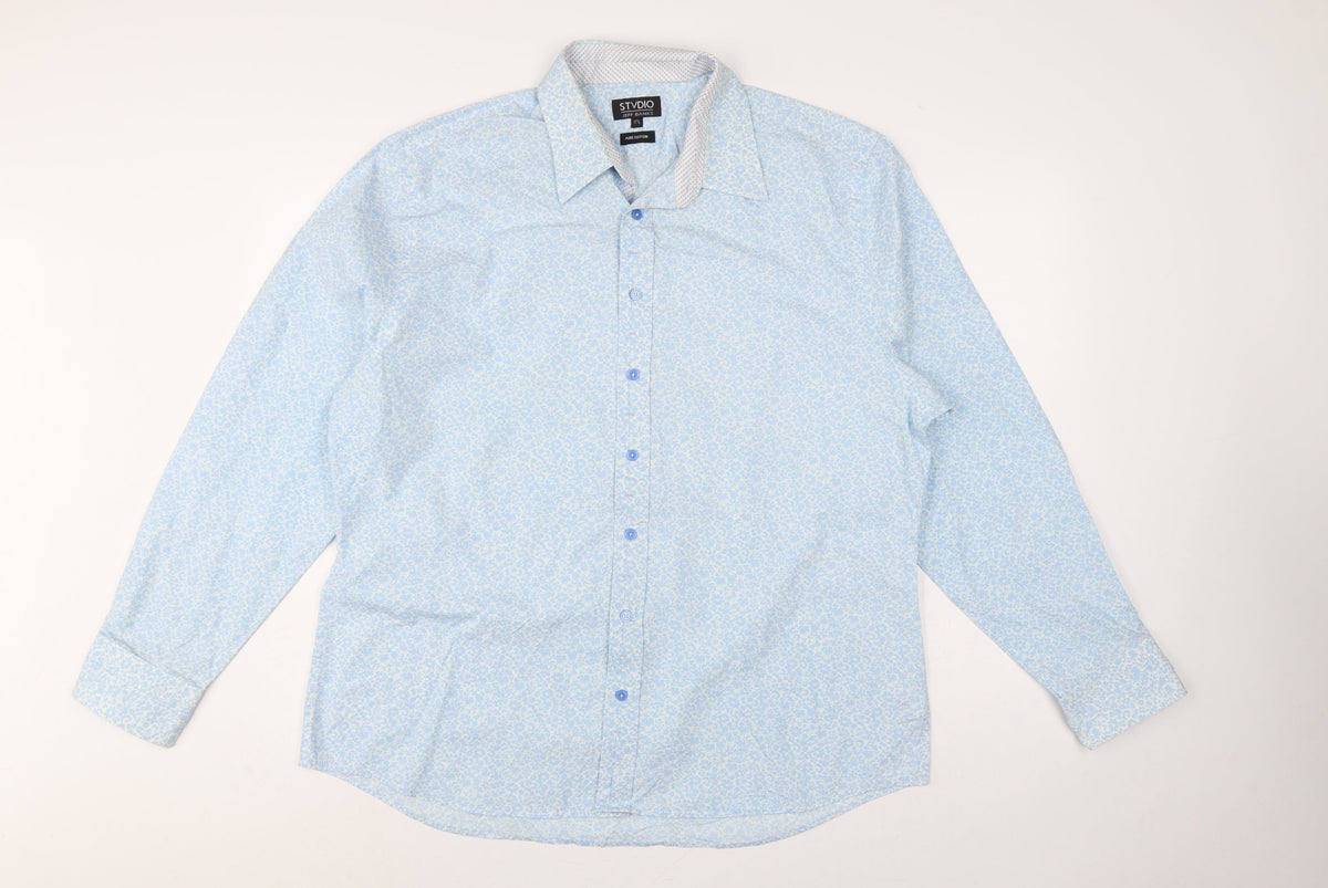 Jeff Banks Men Light Blue 17.5 Floral Cotton Long Sleeve Button-Up Shirt