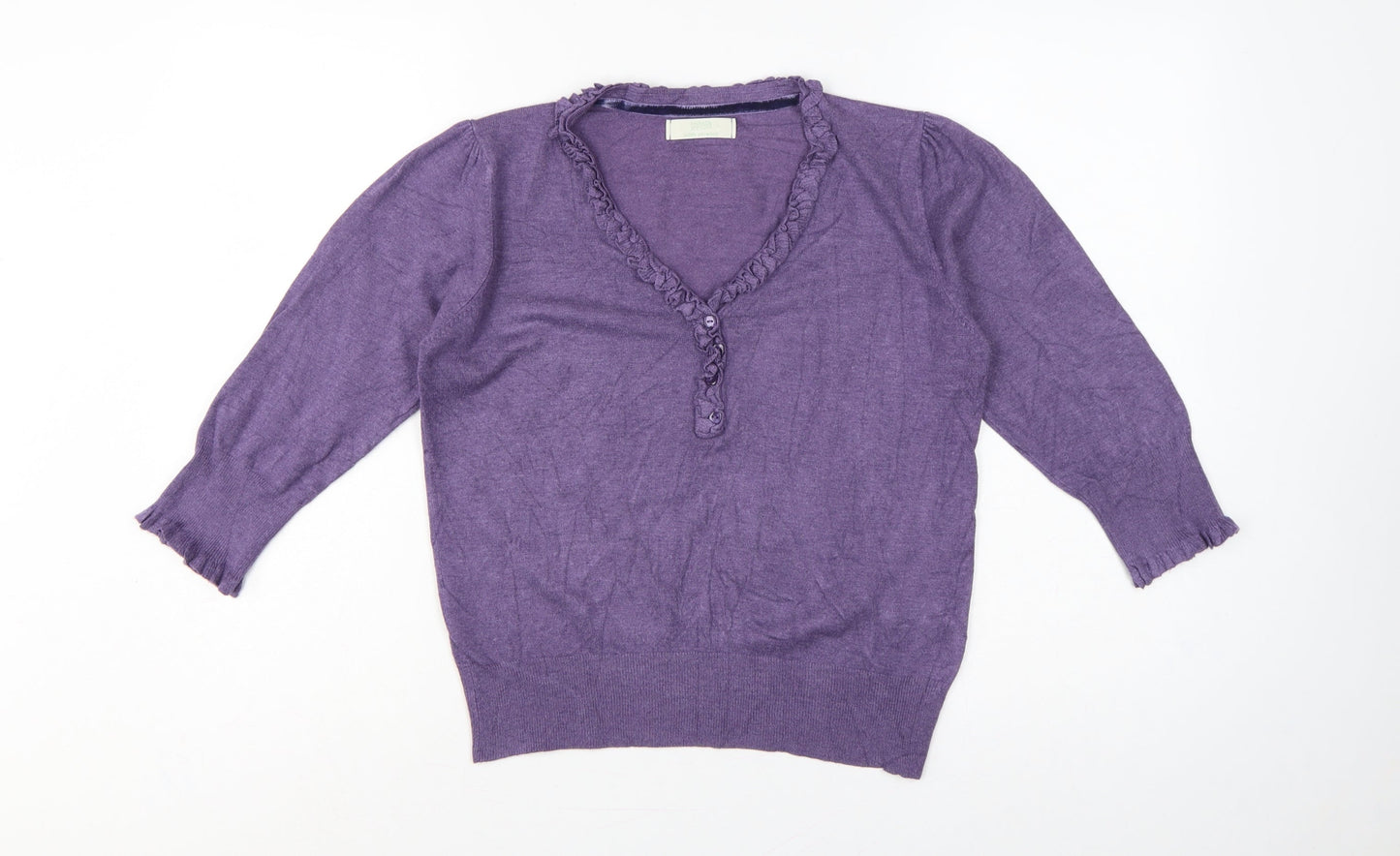 Marks & Spencer Women Purple UK 12 Henley V-Neck Ruffle Knit Jumper