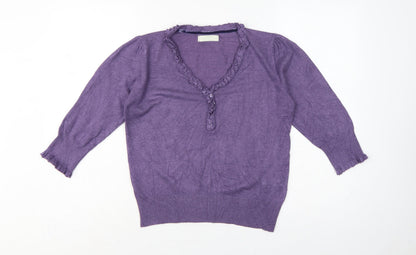 Marks & Spencer Women Purple UK 12 Henley V-Neck Ruffle Knit Jumper