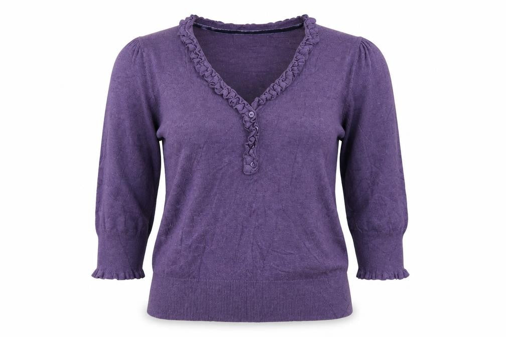 Marks & Spencer Women Purple UK 12 Henley V-Neck Ruffle Knit Jumper