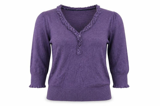 Marks & Spencer Women Purple UK 12 Henley V-Neck Ruffle Knit Jumper