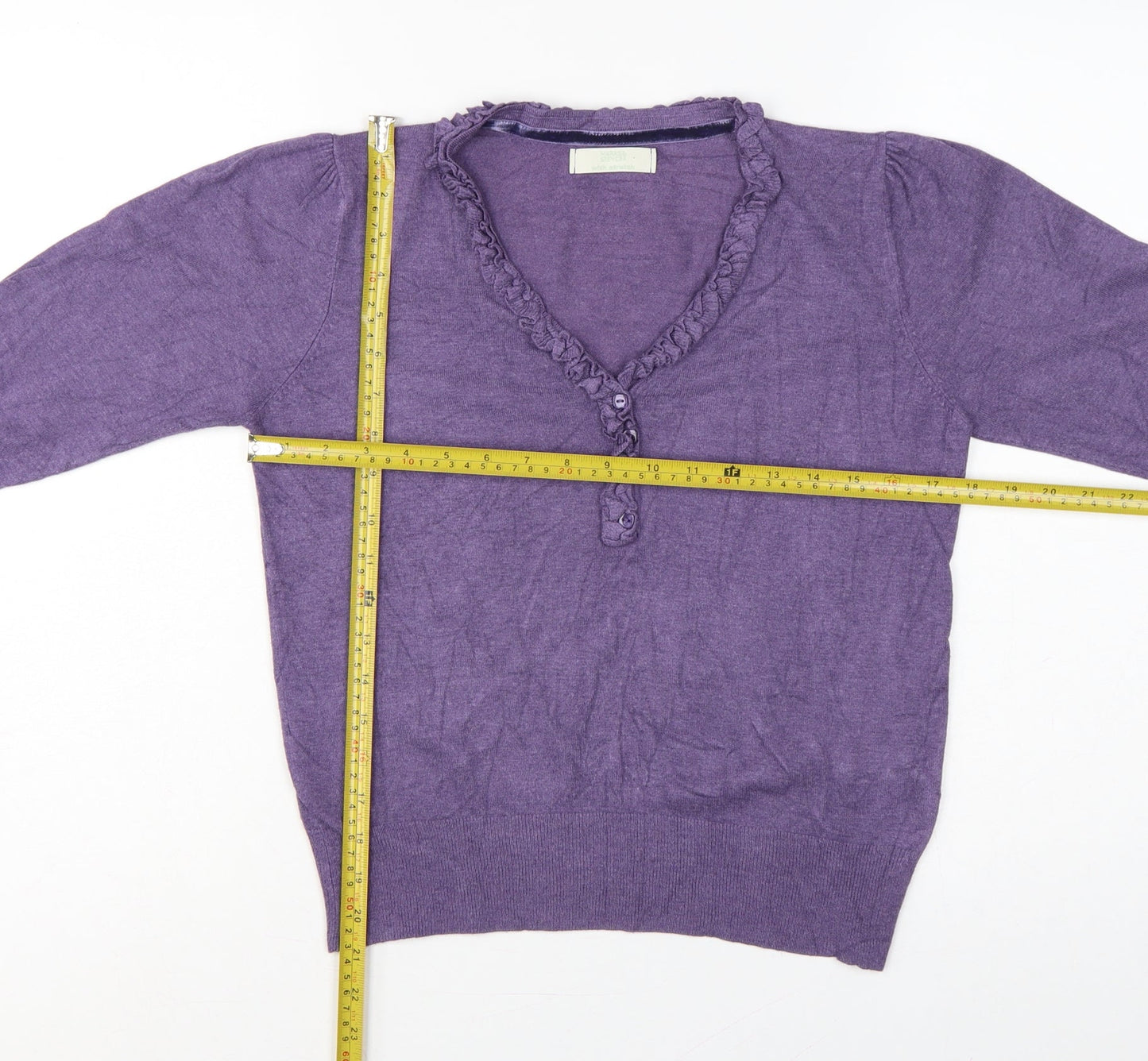 Marks & Spencer Women Purple UK 12 Henley V-Neck Ruffle Knit Jumper