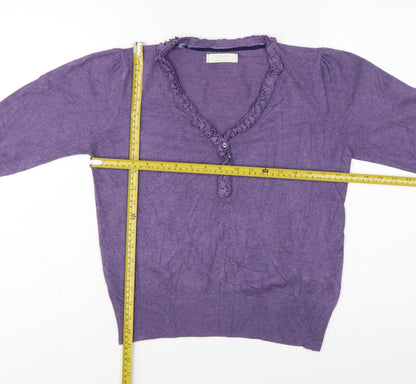 Marks & Spencer Women Purple UK 12 Henley V-Neck Ruffle Knit Jumper