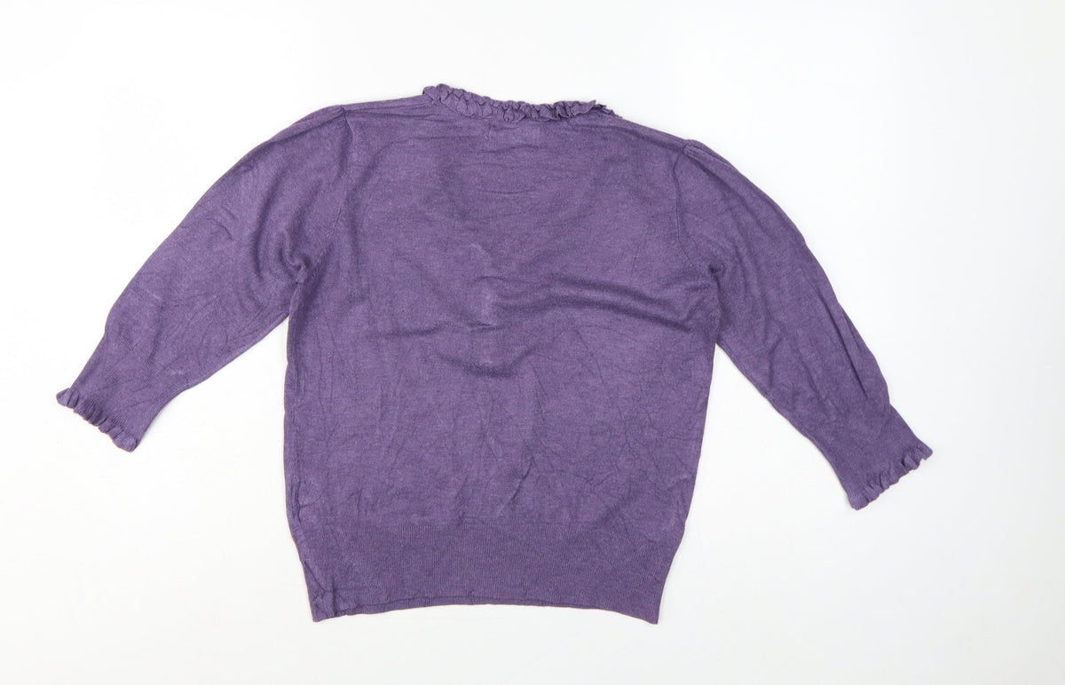 Marks & Spencer Women Purple UK 12 Henley V-Neck Ruffle Knit Jumper