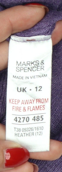 Marks & Spencer Women Purple UK 12 Henley V-Neck Ruffle Knit Jumper