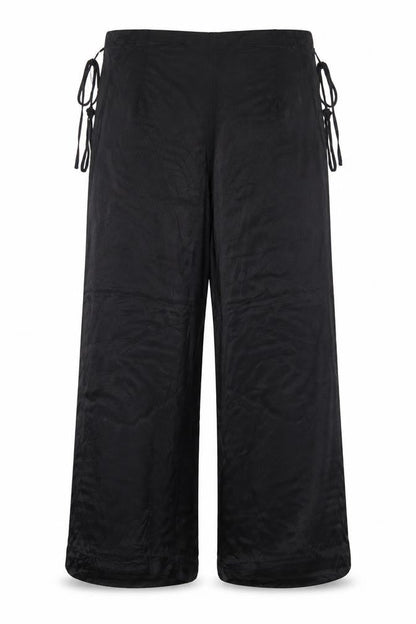 Zara Women Black 2XL Wide-Leg Drawstring Viscose Trousers