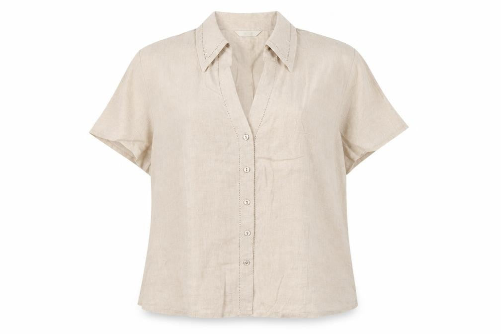 Marks & Spencer Women Beige Linen Short Sleeve Button-Up Shirt UK 16
