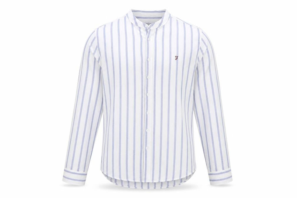 Farah 1920 Men's Blue White Stripe Linen Blend Band Collar Shirt M