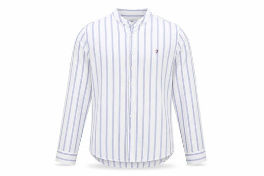 Farah 1920 Men's Blue White Stripe Linen Blend Band Collar Shirt M