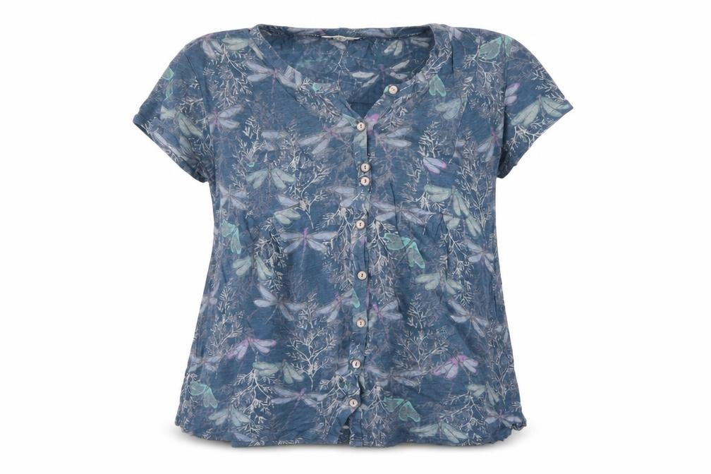 White Stuff Women Blue UK 14 Linen Dragonfly Button-Up Short Sleeve Blouse