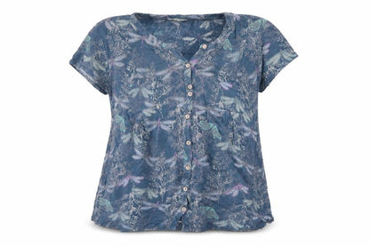 White Stuff Women Blue UK 14 Linen Dragonfly Button-Up Short Sleeve Blouse
