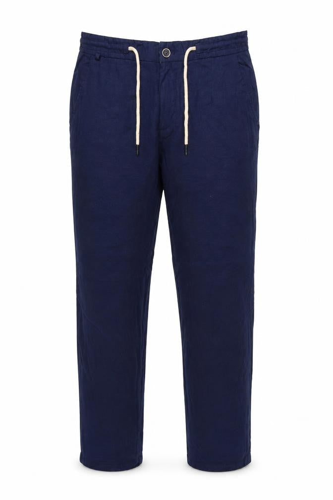 Zara Men Blue Linen Blend Drawstring Tapered Trousers Size M