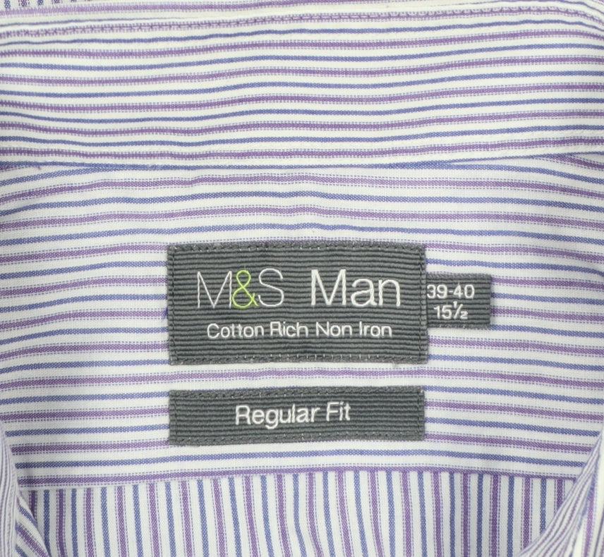 Marks & Spencer Men Purple Stripe Regular Fit 15.5 Non-Iron Shirt