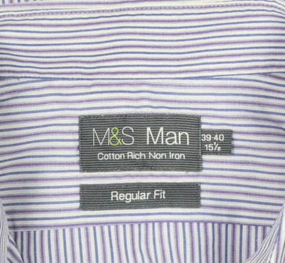 Marks & Spencer Men Purple Stripe Regular Fit 15.5 Non-Iron Shirt