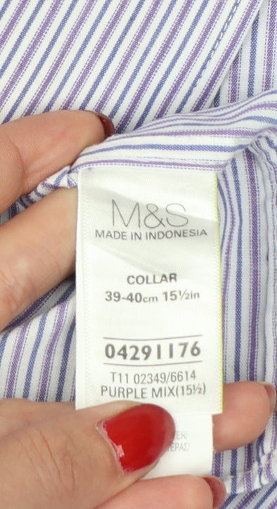 Marks & Spencer Men Purple Stripe Regular Fit 15.5 Non-Iron Shirt
