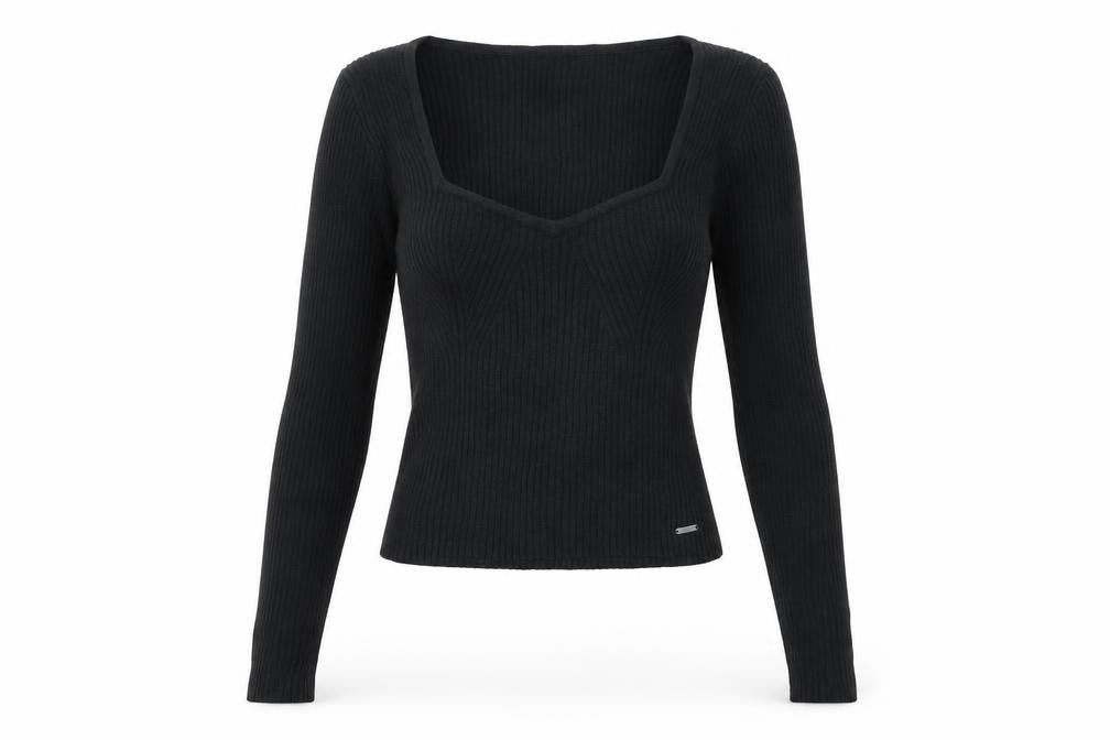 Hollister Women Black M Square Neck Rib Knit Slim Pullover Jumper