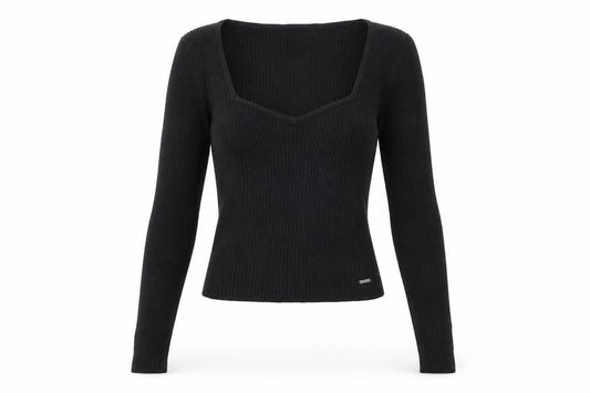 Hollister Women Black M Square Neck Rib Knit Slim Pullover Jumper