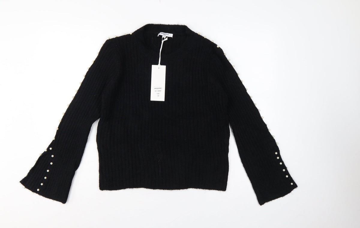Sweewe Paris Women Black M Pullover Pearl Flared Sleeve Rib Knit Jumper