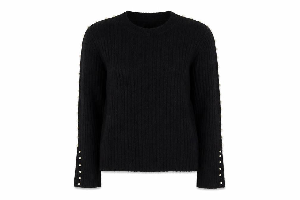 Sweewe Paris Women Black M Pullover Pearl Flared Sleeve Rib Knit Jumper