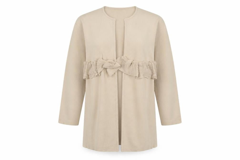 Paisie Women Beige L Open Ruffle Longline Viscose Cardigan