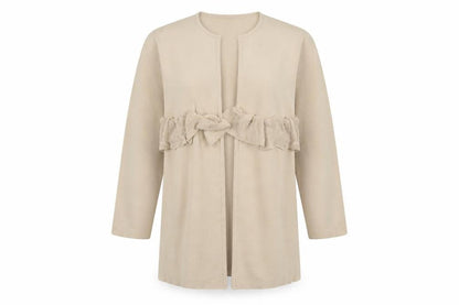 Paisie Women Beige L Open Ruffle Longline Viscose Cardigan