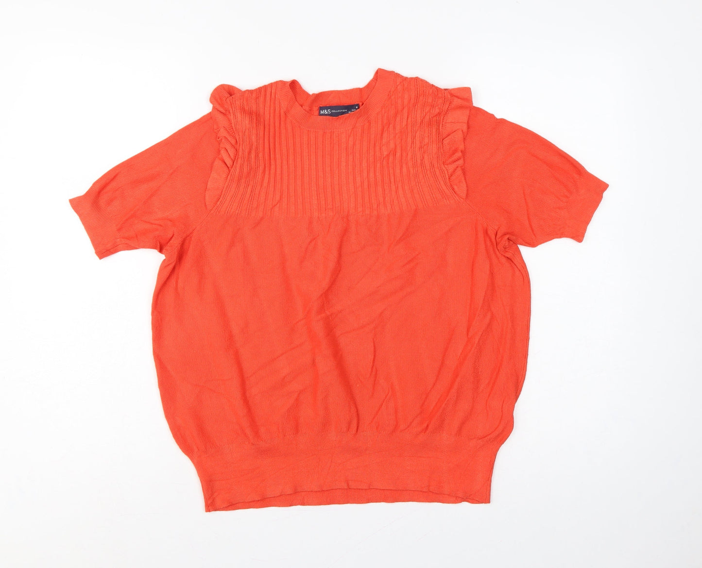 Marks & Spencer Women Orange UK 16 Ribbed Ruffle Short Sleeve Jumper