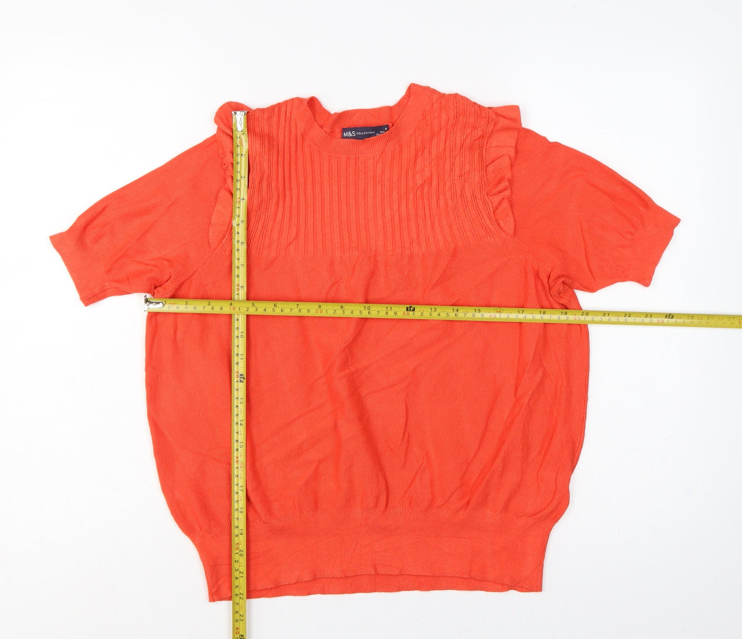 Marks & Spencer Women Orange UK 16 Ribbed Ruffle Short Sleeve Jumper