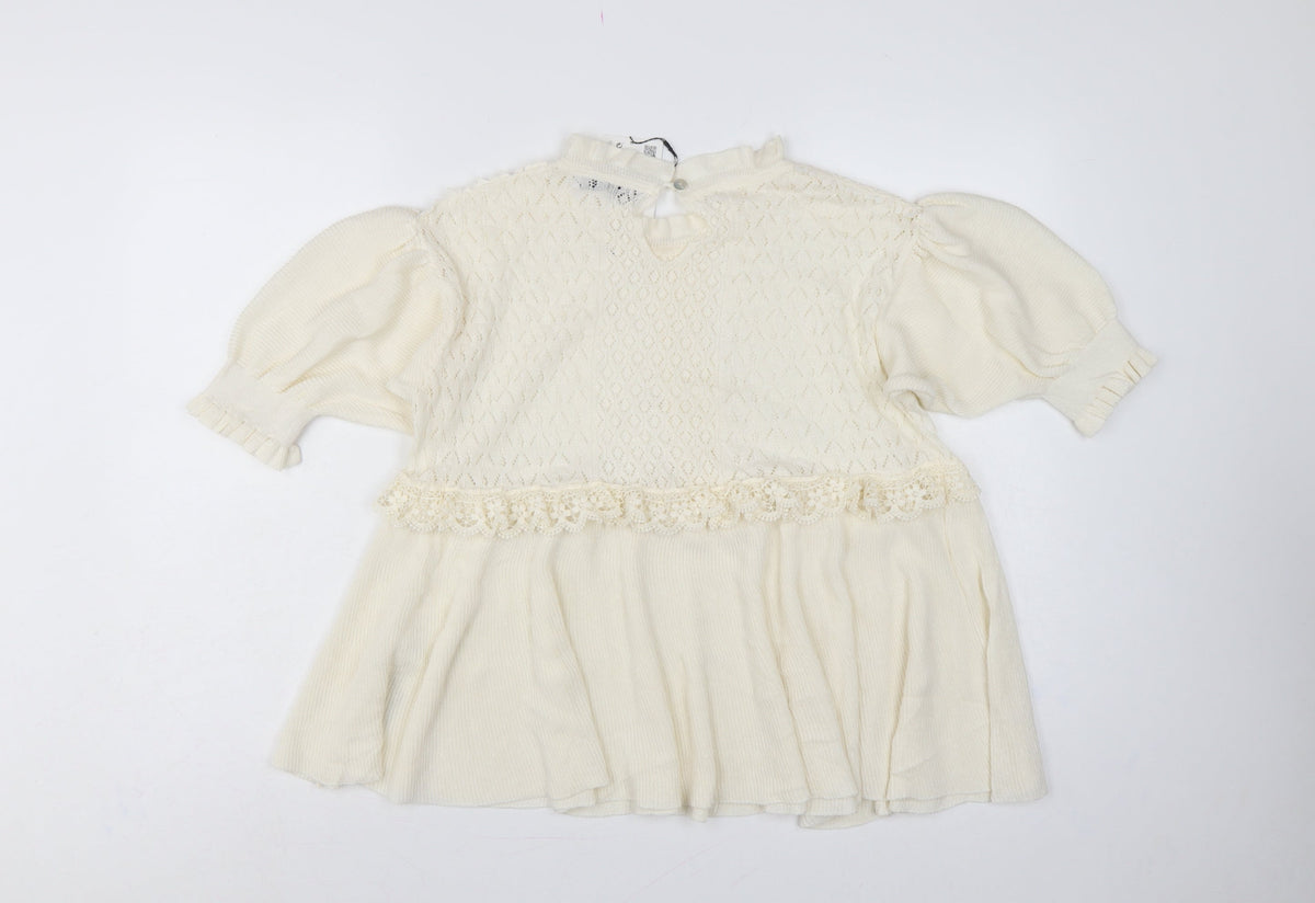 Zara Women Ivory UK 12 Ruffle Lace Knit Puff Sleeve Tunic Jumper
