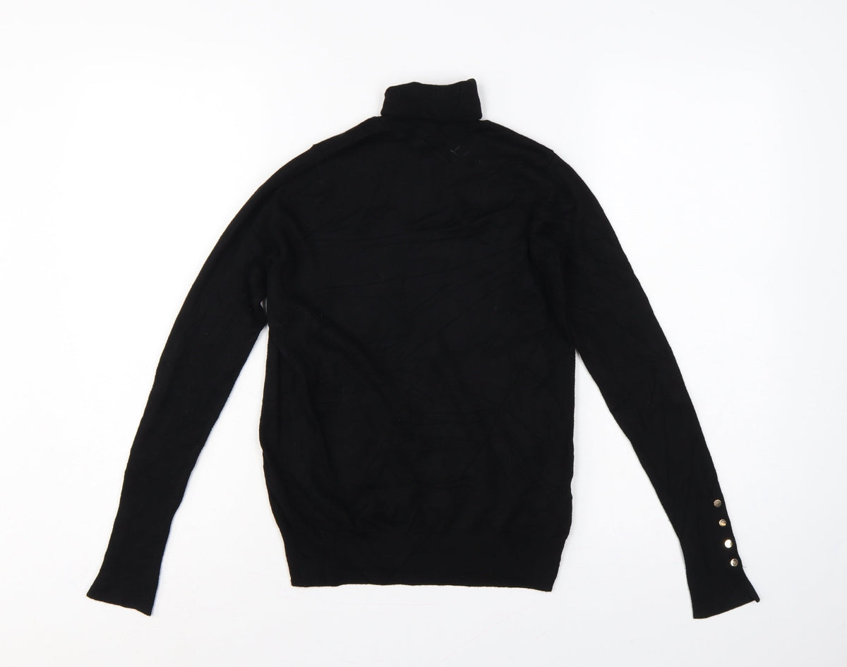 Zara Women Black S Roll Neck Knit Pullover Jumper Gold Button Cuffs