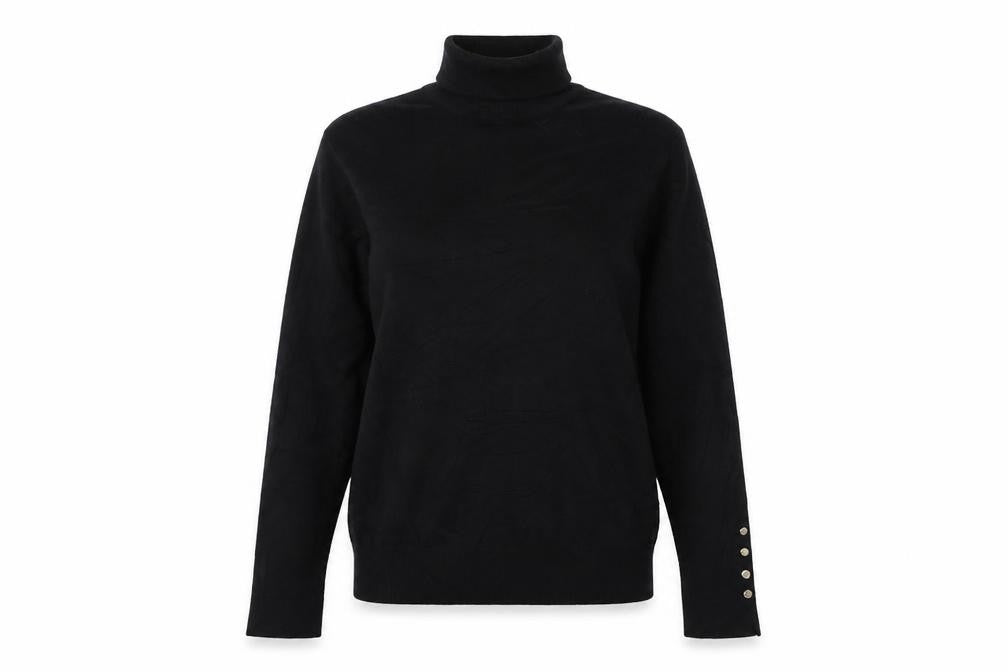 Zara Women Black S Roll Neck Knit Pullover Jumper Gold Button Cuffs